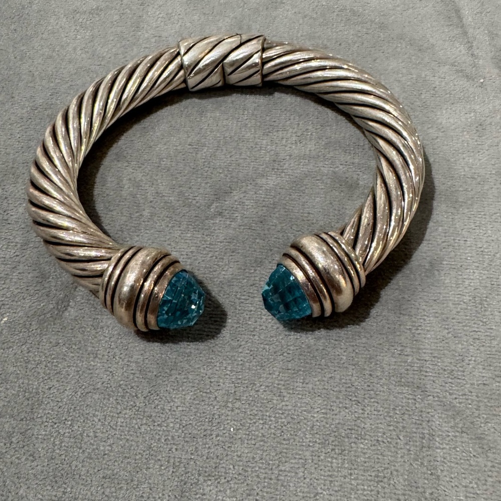 David Yurman Sterling Silver Cable Cuff Bracelet with Blue Topaz End Caps